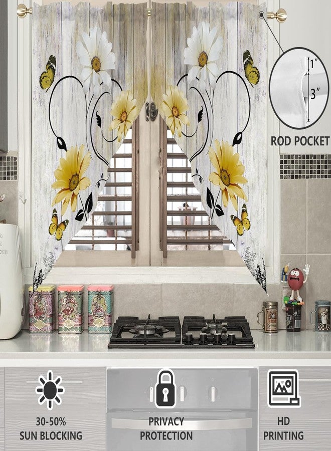 AAtter Yellow Floral Kitchen Valance Curtain for Window Flower Retro Rustic White Country Spring Daisy Butterfly Small Short Home Living Room Bedroom Bathroom Drape Fabric 1 Pair, 28" W x 36" L, Cute - Image 2